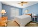 This bedroom has blue walls, carpet, and a ceiling fan at 2740 Cameron Commons Way, Matthews, NC 28104