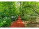 Wood chip path through a forest filled with bright greenery and flowering plants at 4646 Eagle Pointe Ct, Denver, NC 28037