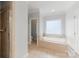 Bright bathroom with tiled floors, walk-in shower and a separate soaking tub at 6414 Winding Creek Ln, Denver, NC 28037