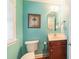 Charming powder room features an octagonal mirror, vanity with wood cabinet, and mint green walls at 6414 Winding Creek Ln, Denver, NC 28037