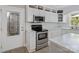 Close up of stainless steel appliances and modern, white cabinetry in the kitchen at 7624 Cedarbrook Dr, Charlotte, NC 28215