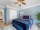 Comfortable bedroom with a blue color scheme, ceiling fan, and closet doors for plenty of storage at 14923 Colonial Park Dr, Huntersville, NC 28078