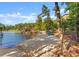 Private beach with sandy shore, dock, lake access, lounge chairs, and scenic views of the surrounding trees and water at 18420 Rosapenny Rd, Charlotte, NC 28278