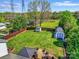 Aerial view of the property showcasing the expansive backyard, two sheds, and privacy fence at 2243 Flint Glenn Ln, Charlotte, NC 28262