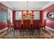 An elegant dining room showcases a stunning rug, rich red walls, and windows with plantation shutters at 3600 Castellaine Dr, Charlotte, NC 28226