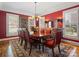 Formal dining room featuring red walls, plantation shutters, a chandelier, and a decorative area rug at 3600 Castellaine Dr, Charlotte, NC 28226
