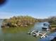 Aerial view showcasing waterfront property with private docks and lush surrounding nature at 9808 Emerald Point Dr # 10, Charlotte, NC 28278