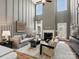 Stunning living room boasts soaring ceilings, a cozy fireplace, and abundant natural light from large windows at 2018 Puddle Pond Rd, Indian Trail, NC 28079