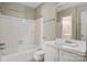 This bathroom features a tub and shower combo, vanity, mirror, and toilet at 4340 N Center Ne St # 508, Hickory, NC 28601