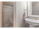 Bathroom with walk-in tile shower, pedestal sink, and silver fixtures at 21721 Shoveller Ct, Cornelius, NC 28031