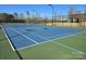 Well-maintained blue and green tennis court, surrounded by fencing and mature trees at 525 Cellini Pl, Mount Holly, NC 28120