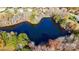 An aerial view of a tranquil pond surrounded by colorful trees and lush greenery at 708 Ridgelake Dr, Weddington, NC 28104