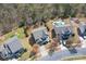 An aerial view of a beautiful suburban home with a manicured lawn, mature trees, and an inviting swimming pool at 878 Treasure Ct, Fort Mill, SC 29708