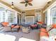 Covered patio featuring a ceiling fan, brick flooring, stone fireplace, and ample seating at 9727 Glenburn Ln, Charlotte, NC 28278