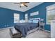 Serene main bedroom with blue accent wall, plush carpet and plenty of natural light at 14911 Barnsbury Dr, Huntersville, NC 28078