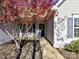 Home entrance featuring mature landscaping, decorative door with address displayed at 15506 Lakepoint Forest Dr, Charlotte, NC 28278