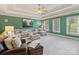This living room offers a decorative ceiling, recessed lighting, and comfortable seating at 8915 Linden Grove Ct, Sherrills Ford, NC 28673