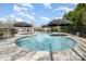 Community pool area surrounded by fencing, featuring multiple shaded seating areas at 9422 Ridgeforest Dr, Charlotte, NC 28277