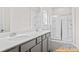 Bathroom featuring double vanity sinks, gray cabinets, and a glass-enclosed shower at 6025 Jasmine Branch Rd, Charlotte, NC 28216