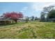 Large backyard with mature trees, landscaping and white fencing at 409 Cardinal Dr, Newton, NC 28658