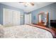 Elegant bedroom with blue wallpaper, spacious closet and neutral carpet at 409 Cardinal Dr, Newton, NC 28658