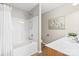 Bathroom with a shower-tub combo, a modern vanity, and stylish decor, offering a functional space at 5622 Dartington Dr, Indian Land, SC 29707