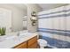 Bathroom showcasing wood cabinets, white countertop and sink, and a blue striped shower curtain at 5622 Dartington Dr, Indian Land, SC 29707