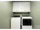 Modern laundry room with white cabinets above a side-by-side washer and dryer at 5951 Carrollton Ln, Charlotte, NC 28210
