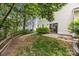 A view of the backyard featuring landscaping, a small patio area, and a neighboring townhome at 8230 Rudolph Rd, Charlotte, NC 28216