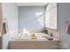 Bathtub with natural light from window, white tile surround, and blue walls at 1537 Wheaton Nw Way, Concord, NC 28027