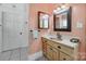 Bathroom featuring a mirror, vanity with modern fixtures, and painted pink walls and white trim at 165 Mimosa Ter, Wadesboro, NC 28170
