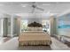 Bright main bedroom with coffered ceiling, ceiling fan, and large decorative headboard at 2015 Pellyn Wood Dr, Charlotte, NC 28226