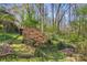 Landscaped backyard featuring a wooden deck, lush greenery, and a peaceful, garden-like atmosphere at 3846 22Nd Ne St, Hickory, NC 28601