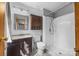 Bathroom with a walk-in shower, toilet, vanity and mirror at 404 Forest Winds Dr, Salisbury, NC 28144