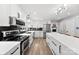 Modern kitchen features white cabinets, stainless steel appliances, and black backsplash at 4522 Woods End Ln, Charlotte, NC 28277