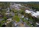 Wide aerial view of a neighborhood with a mix of residential homes and commercial properties near trees and roads at 601 Meadowbrook Rd, Kings Mountain, NC 28086