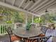 Back porch with a dining table and seating, looking out onto a lush, private backyard at 6325 Hawkwood Ln, Charlotte, NC 28277
