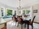 Bright dining room featuring a dark wood table with seating, a chandelier, and a window bench seat at 6325 Hawkwood Ln, Charlotte, NC 28277