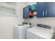 Bright laundry room with blue cabinets, modern washer and dryer at 7394 Echoing Hills Ln, Maiden, NC 28650