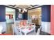 Elegant dining room with dark blue walls, white wainscoting, and a stylish chandelier at 116 Fordingbridge Ln, Mooresville, NC 28115