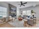 Comfortable living room featuring a ceiling fan and electric fireplace with stone accent wall at 1505 Landis Ave, Charlotte, NC 28205