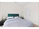 Bedroom with a teal headboard, modern bedside table, carpeted floor, and a white door at 1976 Ethan Ln, Stanfield, NC 28163