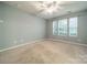Large bedroom featuring a ceiling fan, plush carpet, and ample natural light from the large windows at 9001 Lanark Ln, Indian Land, SC 29707