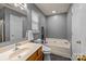 A well-lit bathroom featuring a tub, toilet, and single sink vanity with a window at 12804 Lismorre Castle Ct, Charlotte, NC 28273