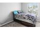 Bedroom featuring light grey carpet and a patterned bed at 6359 Mallard View Ln, Charlotte, NC 28269
