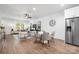 Open-concept living space featuring hardwood floors, a modern kitchen, a dining area, and comfortable living room seating at 8007 Willhill Rd, Mint Hill, NC 28227