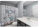 Bathroom featuring a decorative shower curtain, single vanity, and modern fixtures at 121 Little Kennerly Dr, Mooresville, NC 28115