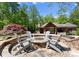 Inviting outdoor space featuring a stone fire pit with Adirondack chairs and scenic backdrop at 12627 Ninebark Trl, Charlotte, NC 28278