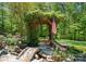 Beautiful landscaped garden entrance with stone bridge, lush greenery, and American flag at 12627 Ninebark Trl, Charlotte, NC 28278