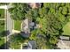 An aerial view showcases a home with a backyard pool, patio area, and mature landscaping at 1407 Becklow Ct, Wesley Chapel, NC 28079